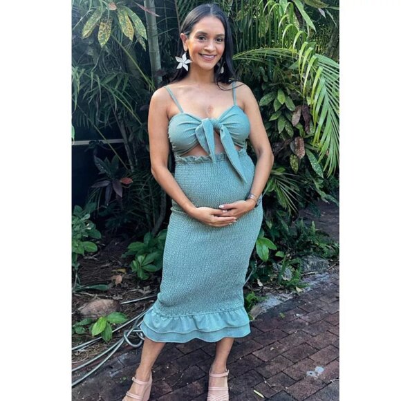 Pinkblush Mable Green Gingham Smocked Fitted Self-Tie Maternity Midi Dress S - Picture 6 of 11